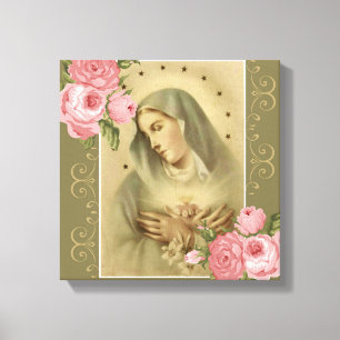Tadelloses Herz von rosa Rosen Marys mit Lilien Leinwanddruck