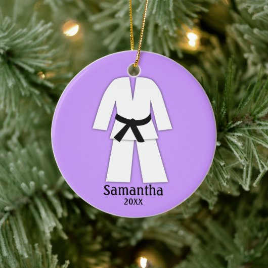 Taekwondo Karate Black Belt Lila Personalisiert Keramikornament (Baum)