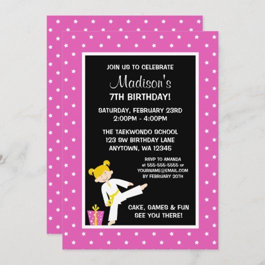 Taekwondo Karate Pink Stars Blonde Girl Einladung (Vorne/Hinten)