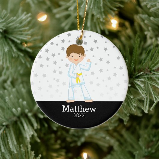 Taekwondo Karate Star Yellow Belt Boy Personalisie Keramik Ornament (Baum)