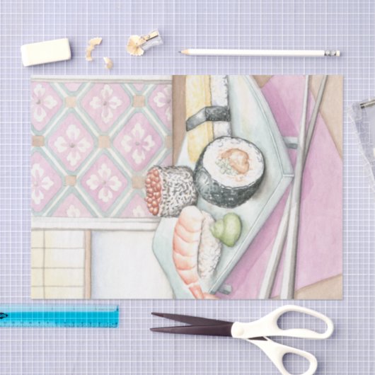 Tafel aus Sushi mit Chopsticks Seidenpapier (Handwerk)