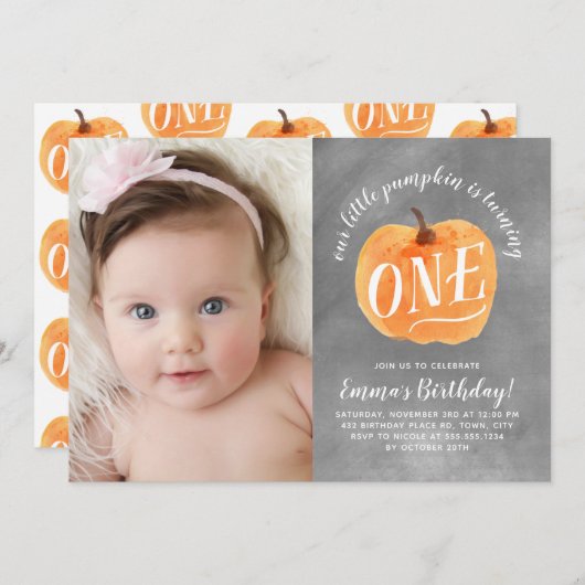 Tafel-Fall-Kürbis-Herbst-erster Geburtstag Einladung (Vorne/Hinten)