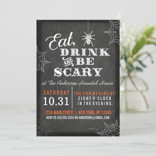 Tafel isst Drink und sei Beängstigendes Halloween- Einladung (Stehend Vorderseite)