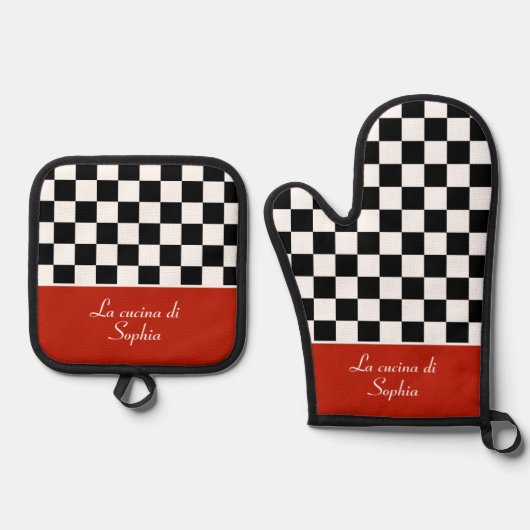 Tafel Italienische Küche Koch mit Name Ofenhandschuh & Topflappen-Set (Vorderseite)