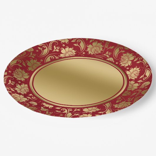 Tafel mit blühenden Desserts aus Gold und Bordeaux Pappteller (Schrägansicht)