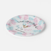 Tafel mit dem Eis-Gender-Papier. Papierteller (Schrägansicht)