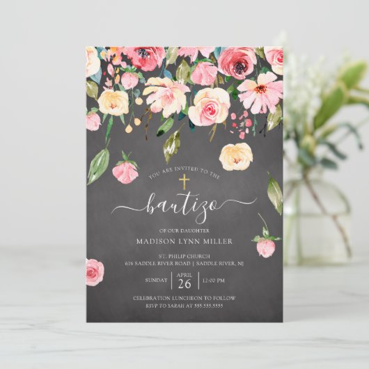 Tafel Rosa Ziegel Bläserne Spanische Taufe Einladung (Stehend Vorderseite)