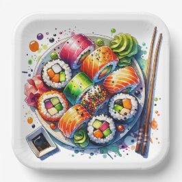 Tafel Sushi, Soja Sauce und Chopsticks Geburtstag Pappteller
