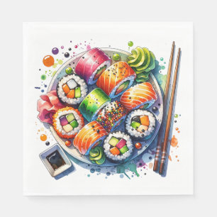 Tafel Sushi, Soja Sauce und Chopsticks Geburtstag Serviette