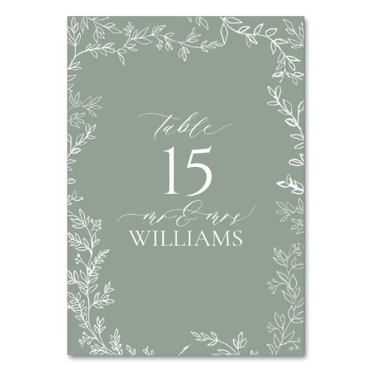 Tafelkarte mit leaf-farbenem, elegantem Monogramm Tischnummer (Rückseite)