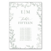 Tafelkarte mit leaf-farbenem, elegantem Monogramm Tischnummer (Rückseite)