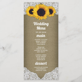 Tafeln mit Sonnenblumen und Hochzeitskarten Menükarte