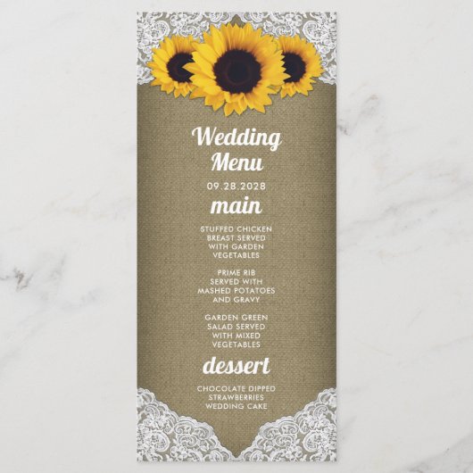 Tafeln mit Sonnenblumen und Hochzeitskarten Menükarte (Vorderseite)