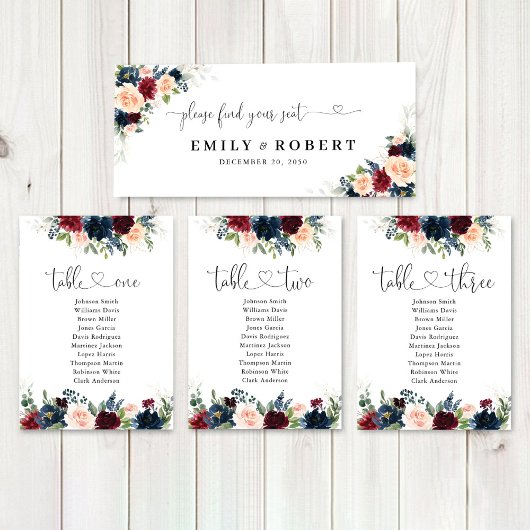 Tafelschild für Burgund und Marinehochzeiten