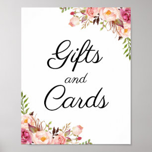 Tafelschild mit rustikalen rosa Blumengeschenken u Poster