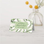 Tafelsitze mit eleganten weißen tropischen Blätter Platzkarte (Vorderseite)