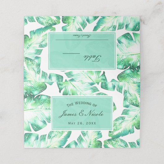 Tafelsitze mit weißen und grünen tropischen Blätte Platzkarte (Außenseite Aufgefaltet)