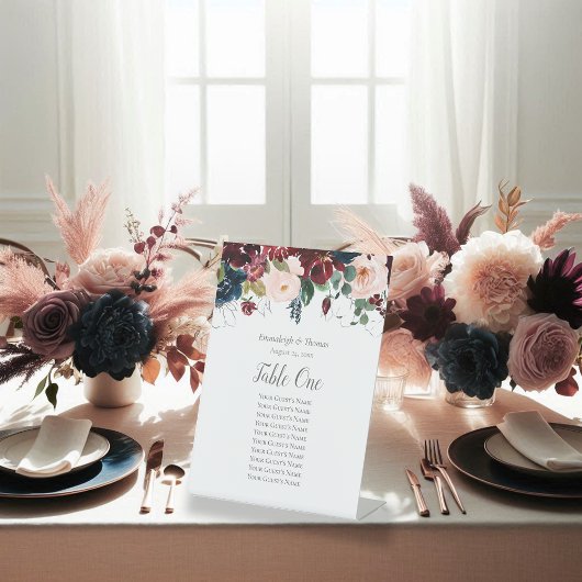 Tafelsitzkarte Navy Blue und Burgund Floral Sockelschild