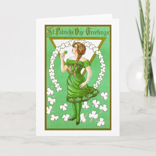Tag Damen-Holding Shamrock Vintage St Patricks Karte (Vorderseite)