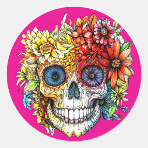 Tag der Toten Catrina Calavera mit Blumen Runder Aufkleber