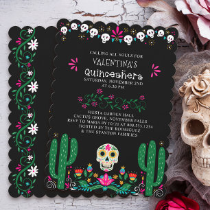 Tag der Toten Florale Totenkopf Quinceanera Einladung