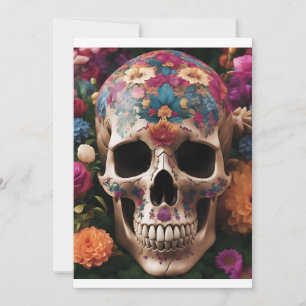 Tag der Toten Metallischer Totenkopf mit Blumen Einladung