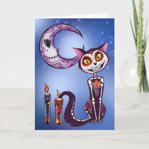 Tag der Toten Mond und Katze Día de los Muertos Karte