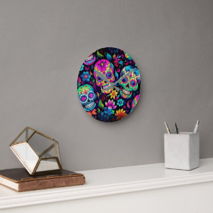 Tag der toten Neonzuckerschädel Runde Wanduhr