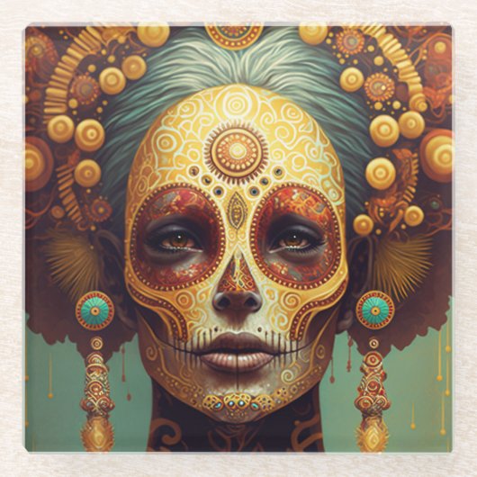 Tag der Toten Schädelfrau Glasuntersetzer (Vorderseite)