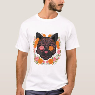 Tag der Toten schwarze Katzenschädel Ringelblumen- T-Shirt