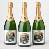 Tag der Toten Skelett-Paar Motorradfahrer Schaumweinetikett (Flaschen)