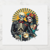 Tag der Toten Skelett-Paar Motorradfahrer Schaumweinetikett (Einzelnes Label)