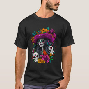 Tag der toten Zucker-Schädel De Los Muertos La Cat T-Shirt