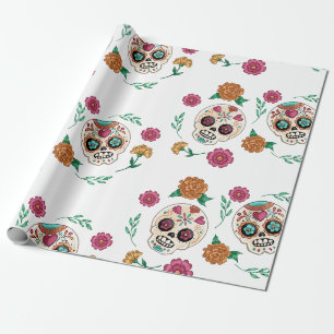 Tag der Toten Zucker-Schädel und Blumen Geschenkpapier