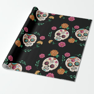 Tag der Toten Zucker Schädel und Blumen Schwarz Geschenkpapier