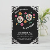 Tag der toten Zuckerschädel und Blume Schwarz Einladung (Stehend Vorderseite)