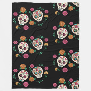 Tag der toten Zuckerschädel und Blume Schwarz Fleecedecke