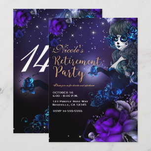 Tag-des-Toten-Mädchen Lila Blau Ruhestandsparty Einladung