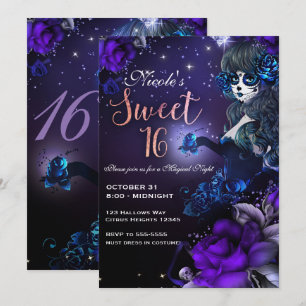 Tag des Toten Mädchen Lila Blue Sweet 16 Party Einladung