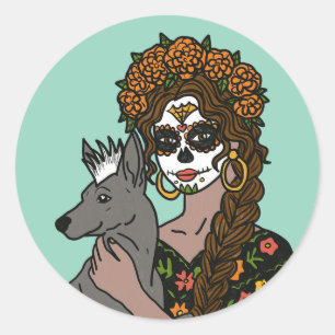 Tag des toten Ringelblume und Xolo-Hund Runder Aufkleber