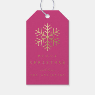 Tag Fuchsia Rosa Goldene Schneeflocken Geschenkanhänger