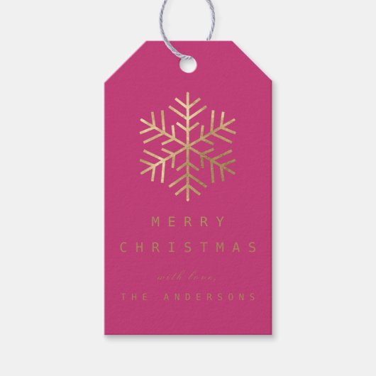 Tag Fuchsia Rosa Goldene Schneeflocken Geschenkanhänger (Vorderseite)