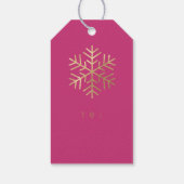 Tag Fuchsia Rosa Goldene Schneeflocken Geschenkanhänger (Rückseite)