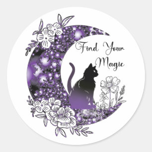 Tag Grafik Mystisch Himmlisch Schwarze Katze Mond Runder Aufkleber