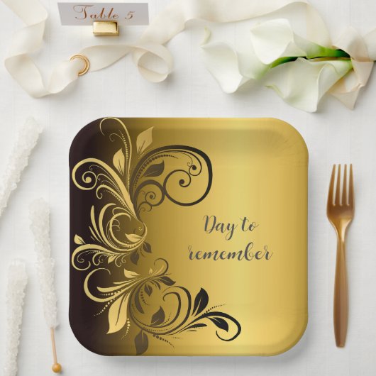 Tage der Erinnerung, Schwarze Gold Blumengrenze Pappteller (Hochzeit)