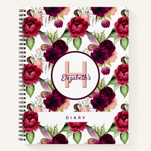 Tagebuch-Blume mit Monogramm Bordeaux Notizblock (Vorderseite)