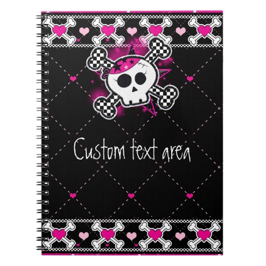 Tagebuch mit rosa Totenkopf und Herzen (Vorderseite)