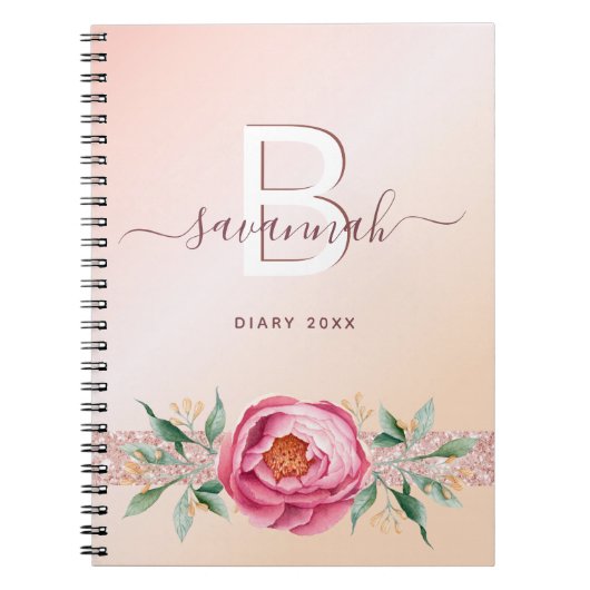 Tagebuch Monogramm Rose Gold Rosa Glitzer mädchenh (Vorderseite)