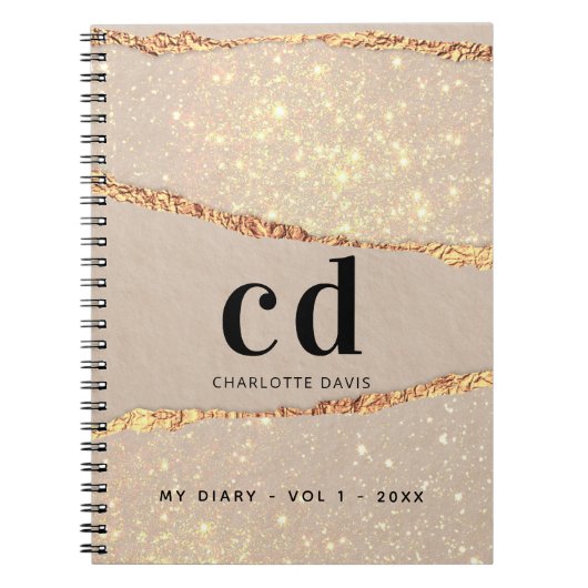 Tagebuch Rose Gold Glitzer agate Marmor Monogramm  (Vorderseite)