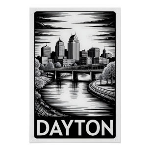 Tageslicht Ohio Skyline Schwarz Weiß Holzschnitt Poster